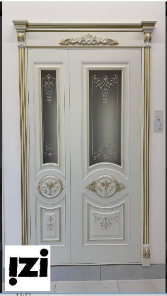 Межкомнатные двери Изабелла 2000мм, рал 9010, золото эмаль стекло