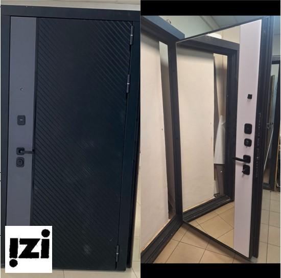 Входная дверь Дельта 8 панорамное зеркало Черная шагрень+втавка серого МДФ